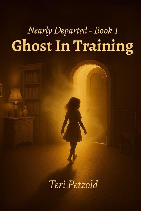 "Nearly Departed - Book 1: Ghost In Training. Teri Petzold." 
Schatten eines Mädchens vor einem von Licht erfüllten Raum.