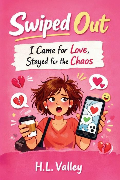 "Swiped Out", "I Came for Love, Stayed for the Chaos", "H.L. Valley". Illustration: Frau mit Handy und Kaffee, Chaos-Symbole.