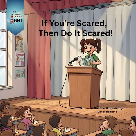 „If You’re Scared, Then Do It Scared!“ Kind liest vor Klasse am Rednerpult, fröhliche Szene.