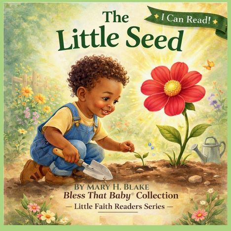 Text: "The Little Seed", "I Can Read!", "By Mary H. Blake", "Bless That Baby® Collection", "Little Faith Readers Series". Ein Kind pflanzt.