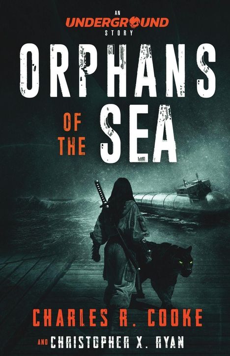 „Orphans of the Sea“ in großer Schrift. Person mit Schwert und schwarzer Panther auf einem Steg, zerstörtes Schiff im Meer.