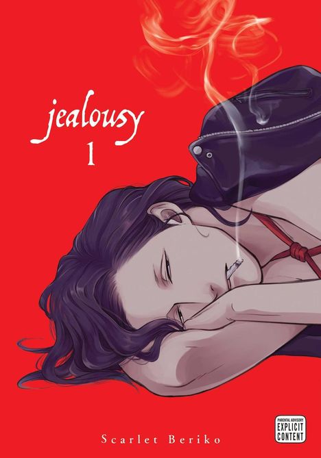 „jealousy 1“, „Scarlet Beriko“, „Parental Advisory Explicit Content“. Zeichnung: Person mit Zigarette auf rotem Hintergrund.