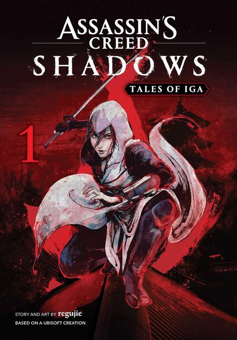 Text: Assassin's Creed Shadows, Tales of Iga. Illustration eines Assassinen in dynamischer Pose mit rotem Hintergrund.