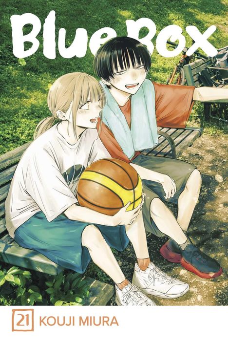 "Blue Box." Illustration: Zwei lachende Jugendliche sitzen auf einer Bank im Park. Ein Basketball wird gehalten.