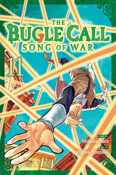 "The Bugle Call: Song of War", Ausgabe 11. Eine Figur schwebt über städtischer Szenerie zwischen leuchtenden Linien.