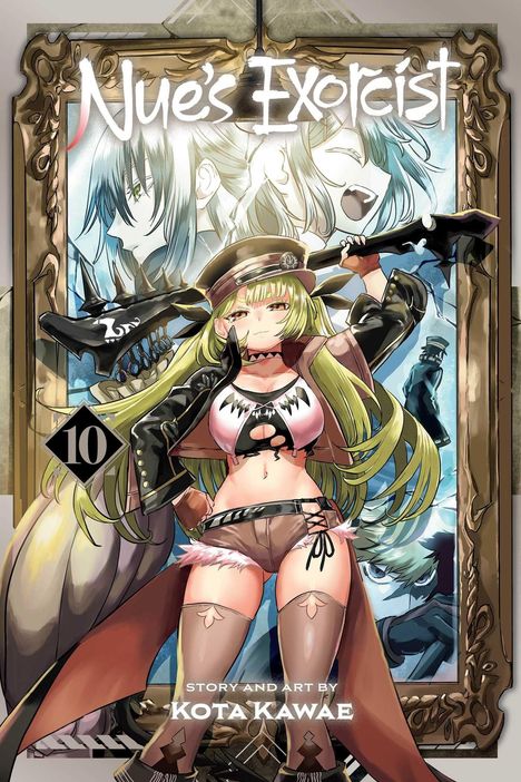 „Nue's Exorcist“, Band 10. Illustration einer Figur mit langen Haaren, Hut und Lederkleidung, selbstbewusste Pose.
