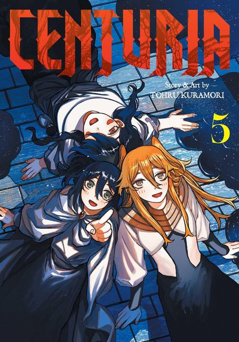 "Centuria" in großen roten Buchstaben. Drei Manga-Figuren liegen auf blauem Boden, eine zeigt mit dem Finger nach vorne.