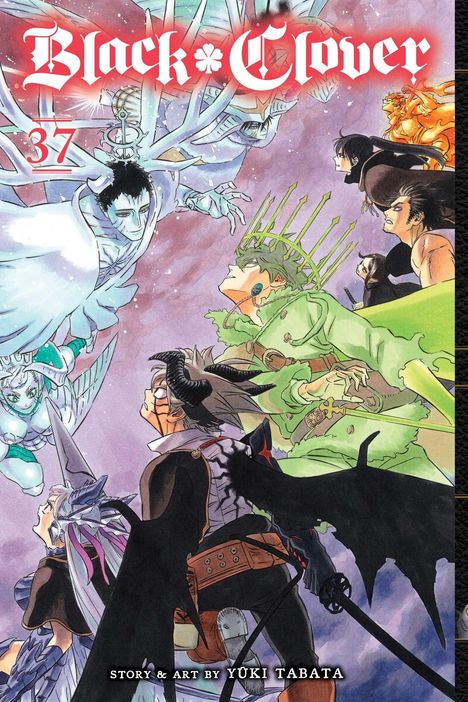 "Black Clover 37" steht oben. Eine Gruppe fesselnder, kämpferischer Charaktere in bunter Fantasy-Kleidung ist zu sehen.