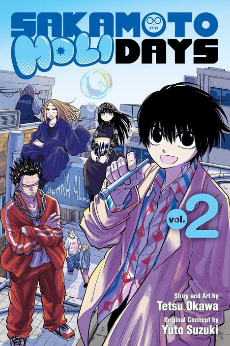 "SAKAMOTO HOLIDAYS vol.2" in blauer Schrift. Manga-Stil, vier Figuren in urbaner Umgebung, bunte und lebendige Farben.