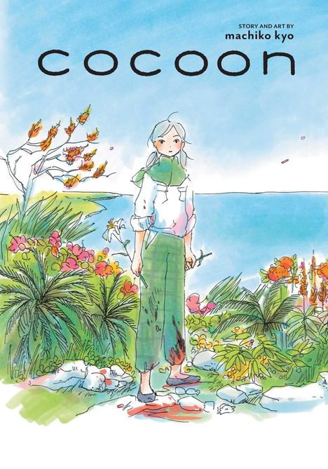 Text: "cocoon", "Story and art by machiko kyo". Eine Illustration zeigt eine Person inmitten bunter Pflanzen am Meer.