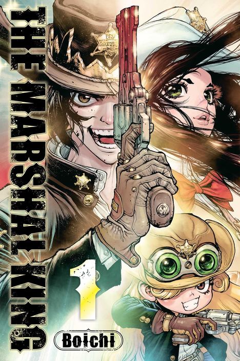 "The Marshal King", große Figuren mit Revolvern und Sheriff-Sternen, darunter 1 und "Boichi", Manga-ähnlicher Stil.