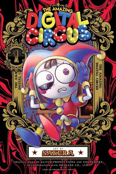 "The Amazing Digital Circus", "Art by Sakura", verspielte Figur mit bunter Narrenkappe, große Augen, goldene Verzierungen.
