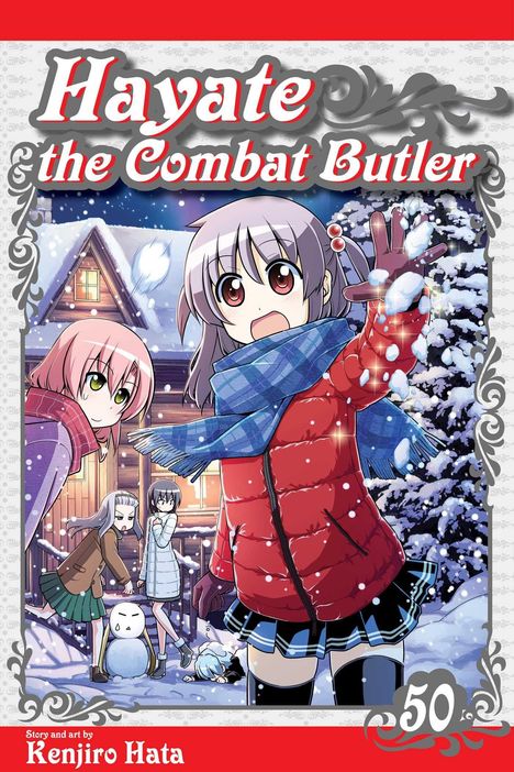 "Hayate the Combat Butler", "50". Manga-Stil: Ein Mädchen im roten Mantel wirft einen Schneeball, andere schauen zu.