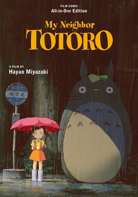 „My Neighbor Totoro“. Ein Mädchen mit rotem Schirm und ein großes, graues Wesen stehen im Regen. Animation.