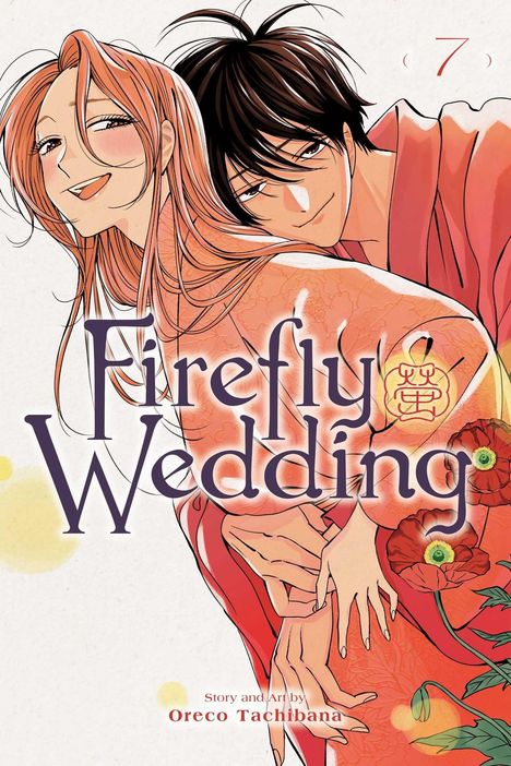 „Firefly Wedding“, zwei Personen in liebevoller Umarmung, rote Blumen, ein Mann und eine Frau lächeln, Zeichnung.