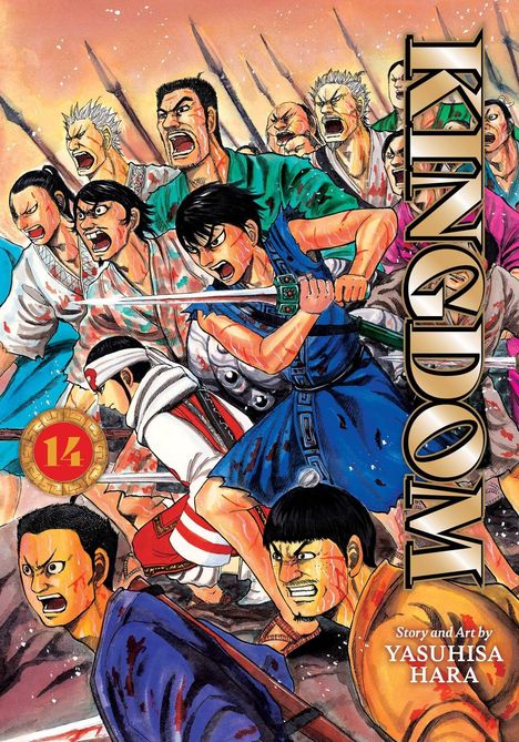 "Kingdom" und "14" erscheinen groß. Eine dynamische Manga-Szene zeigt kämpfende Krieger mit Schwertern und Speeren.