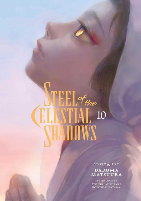„STEEL of the CELESTIAL SHADOWS 10“. Seitenprofil eines betenden Kindes mit goldenem Auge in sanften Pastellfarben.
