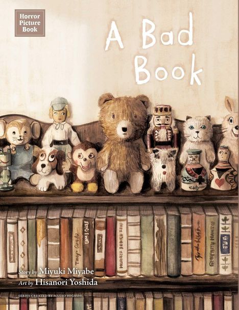 Oberer Text: "A Bad Book". Ein Regal mit Plüsch- und Holzfiguren über einer Reihe Bücher.
