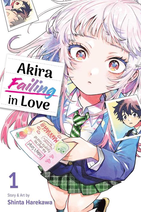 „Akira Failing in Love“ steht auf einem Zettel. Ein Manga-Mädchen mit großen Augen hält einen Umschlag.