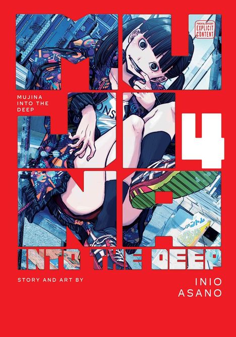 Texte: "MUJINA INTO THE DEEP", "EXPLICIT CONTENT", "STORY AND ART BY INIO ASANO". Eine farbenfrohe Illustration eines Mädchens.