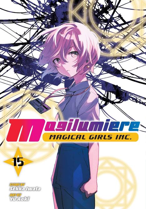 "Magilumiere Magical Girls Inc." ist der Titel. Eine junge Frau mit rosa Haaren und einem Ausweis um ihren Hals.