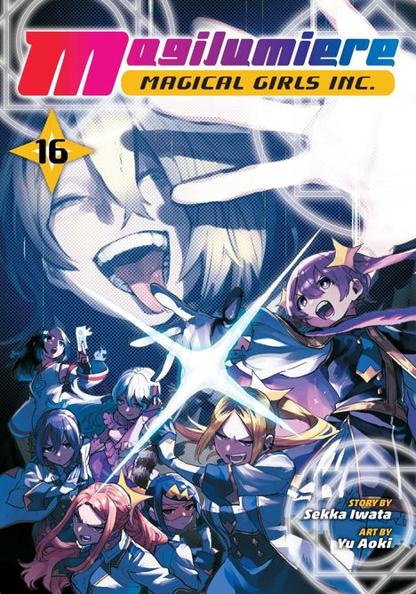 "Magilumiere Magical Girls Inc." und "16" in einem gelben Stern. Bunt gekleidete Mädchen in dynamischen Posen.