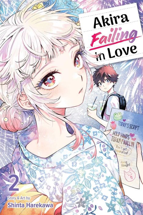 „Akira Failing in Love“, Mädchen mit hellen Haaren und buntem Kimono, Junge im Hintergrund mit Getränk. Manga-Stil.