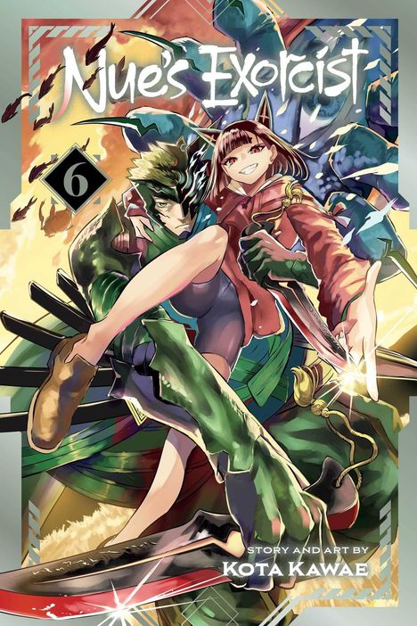 Eine bunte Manga-Illustration mit dem Text "Nue's Exorcist 6". Zwei Figuren, eine mit Tierohren, posieren dynamisch.