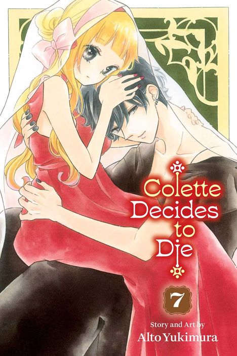„Colette Decides to Die“, Band 7 von Alto Yukimura. Illustration: Frau in rotem Kleid kuschelt mit Mann.