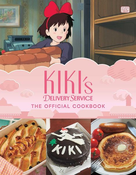 „Kiki's Delivery Service: The Official Cookbook“ in rosa Schrift. Mädchen mit roter Schleife trägt Brot. Drei Gerichte unten.