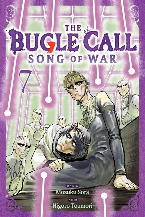 "The Bugle Call: Song of War", Band 7. Oben sind ernsthaft aussehende Figuren mit blassen Hauttönen zu sehen.