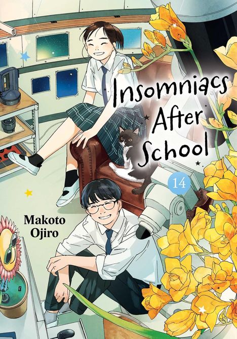 "Insomniacs After School", "Makoto Ojiro", "14". Zwei Schüler in Schuluniformen in einem Raum mit Pflanzen und einem Teleskop.