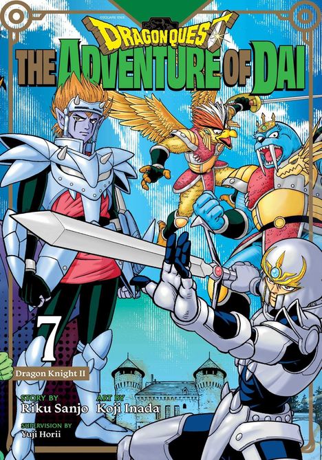 „Dragon Quest: The Adventure of Dai 7“. Ein Ritter kämpft gegen bunte Kreaturen vor einer Burg in einer farbenfrohen Illustration.