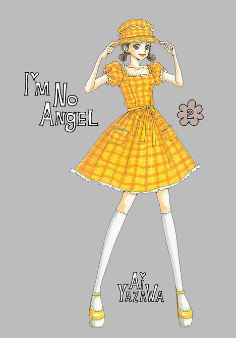 Text: "I'm No Angel", "2", "Ai Yazawa". Illustration eines Mädchens in orangem Kleid und Hut, mit weißen Kniestrümpfen.