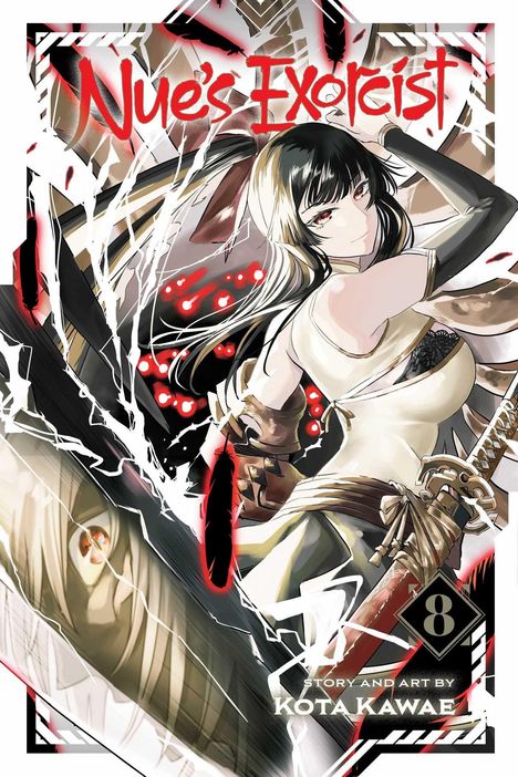 "Nue's Exorcist", Band 8 von Kota Kawae. Eine stilisierte Kämpferin mit Schwert, umgeben von mystischen Elementen.