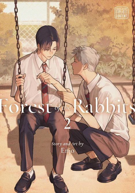 Text: "Forest of the Rabbits 2", "Story and Art by Enjo", "Parental Advisory Explicit Content". Zwei Schüler auf einer Schaukel.