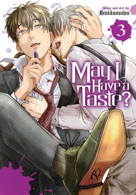 „May I Have a Taste?“ Zwei Männer in intensiver Umarmung; einer beißt den anderen. Manga-Stil, Band 3.