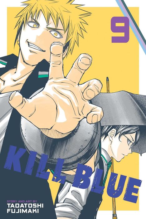 "Kill Blue", "9". Zwei animierte Figuren: Eine mit gelbem Haar, die andere mit Hut und Brille. Dynamische Pose.
