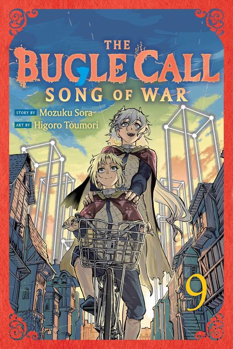 "The Bugle Call: Song of War" steht oben. Zwei lächelnde Figuren, eine fährt ein Fahrrad, beide wirken fröhlich und abenteuerlustig.