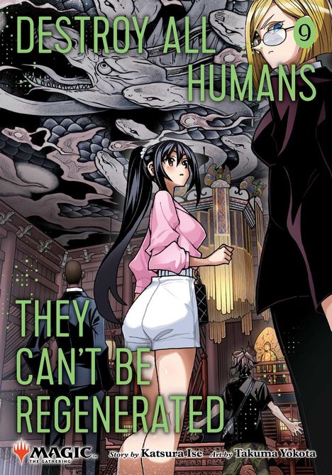 „DESTROY ALL HUMANS 9” und „THEY CAN'T BE REGENERATED”. Anime-Illustration mit zwei Frauen, verschnörkeltem Hintergrund.