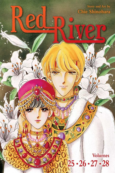 "Red River" und "Volumes 25∙26∙27∙28". Zwei prächtig gekleidete Figuren vor weißen Lilien, orientalischer Stil.
