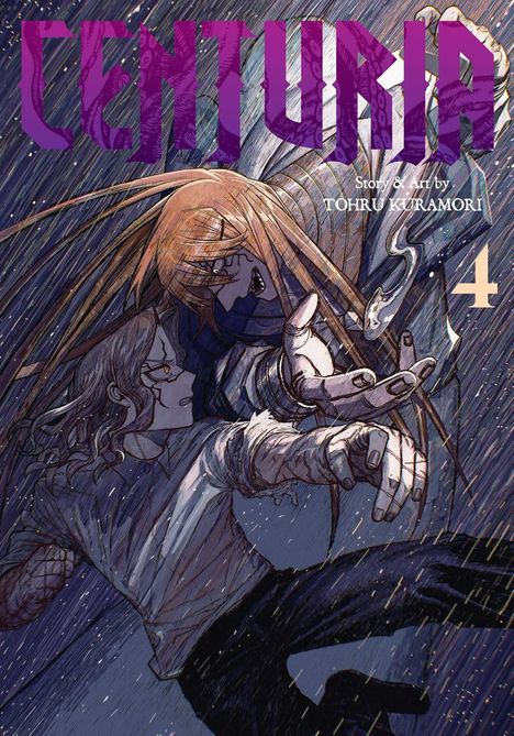 "Centuria", "Story & Art by Tohru Kuramori", "4". Zwei Figuren in einem heftigen Regen, eine hält die andere mit ausgestreckter Hand zurück.