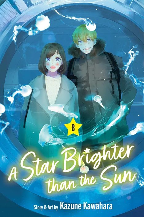„A Star Brighter than the Sun“, Band 8 von Kazune Kawahara. Zwei lächelnde Personen im Hintergrund, umgeben von Quallen.