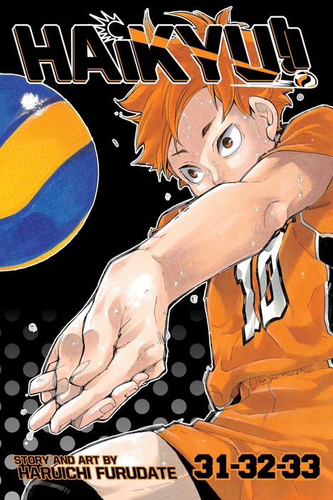 „HAIKYU!!“ und „31-32-33“ in großen Buchstaben. Ein Junge in einem Trikot spielt Volleyball.