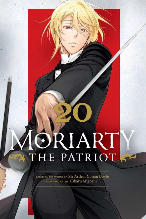 "20 Moriarty the Patriot" vor rotem Hintergrund. Illustration eines blonden Mannes im Anzug mit Schwert.
