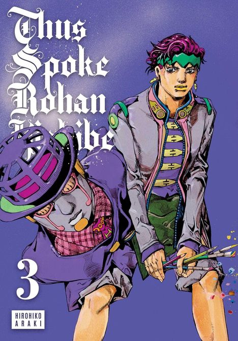 Text: "Thus Spoke Rohan Kishibe 3". Zwei stilisierte, bunte Figuren mit auffälliger Kleidung und Accessoires.