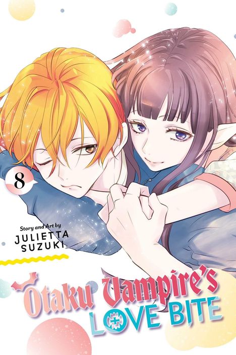 „Otaku Vampire's LOVE BITE“ und „8“. Zwei Anime-Figuren: ein braunhaariges Mädchen umarmt einen orangehaarigen Jungen.