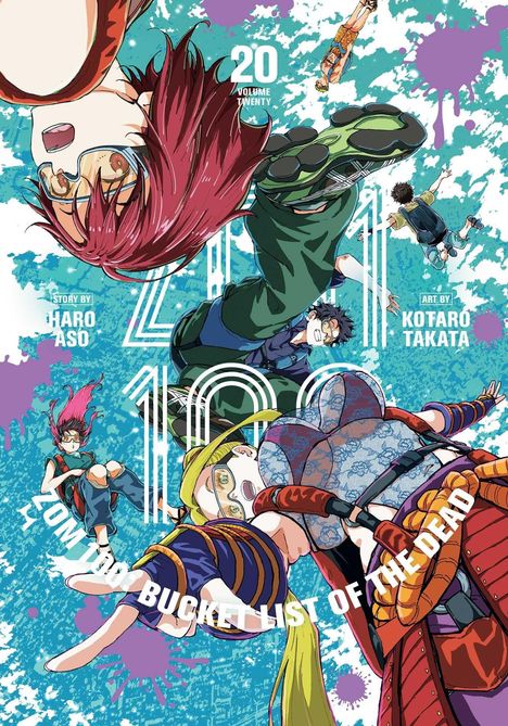 "Zom 100: Bucket List of the Dead," "20 Volume Twenty." Dynamische Figuren in schwebender Bewegung vor buntem Hintergrund.