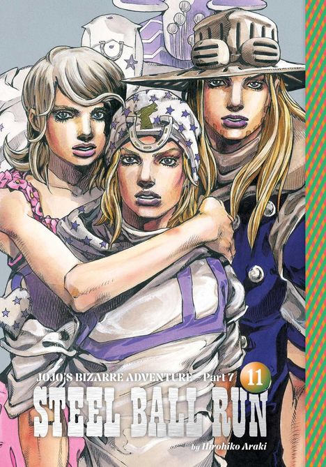 „JOJO'S BIZARRE ADVENTURE Part 7 STEEL BALL RUN“ zeigt drei stilisierte Figuren in intensiver Pose mit auffälliger Kleidung.