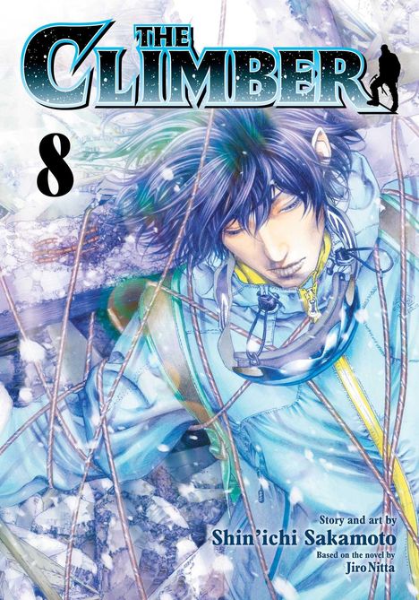 "THE CLIMBER", Zahl 8, Name "Shin’ichi Sakamoto". Person in blauem Kletteranzug im Schnee, umgeben von Seilen.